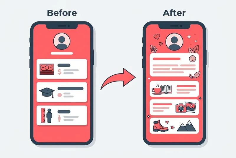 スペック重視のプロフィールから思考の質が伝わるプロフィールへの書き換えイメージ