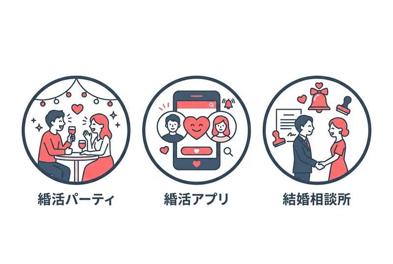 婚活パーティー・マッチングアプリ・結婚相談所の3つの婚活方法を表すイラスト