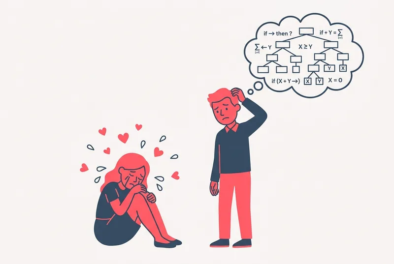 正論を言って困惑する男性と傷つくパートナーのイラスト